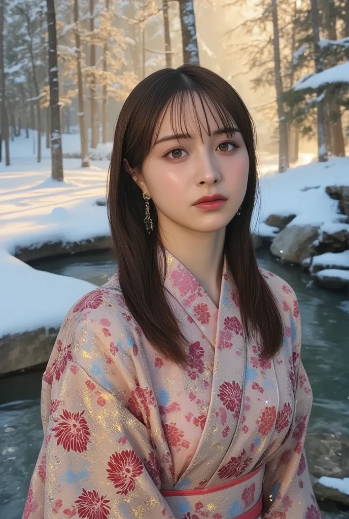 An award-winning 70s-style analog photograph of a beautiful Japanese woman standing gracefully near the edge of a steaming onsen during a tranquil Japanese winter. She wears an elegant yukata with intricate patterns of cherry blossoms, cranes, and waves in soft pink, deep red, and gold. Snowflakes gently fall around her, clinging to her flowing hair and the fabric of her yukata, while her serene expression reflects quiet contemplation.

The background features a traditional snow-covered onsen, surrounded by smooth stones and tall, snow-dusted pine trees. Rising mist from the steaming water contrasts with the cold, crisp air, as soft god rays filter through the branches, casting a warm golden light on the scene. The composition highlights her elegant form, the intricate details of her yukata, and the serene, ethereal beauty of a snowy Japanese winter onsen. The image has a distinct grainy 70s analog texture, lending a nostalgic and timeless quality.