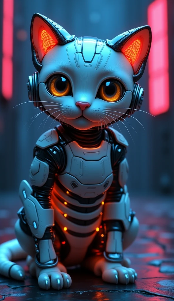 a painting of a kawaii robot cat, biomechanical,  complex robot, hyper realistic, insane fine details, Extremely sharp lines, cyberpunk aesthetic, a masterpiece, featured on zbrush central   