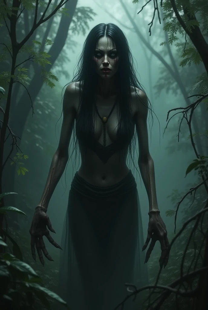 Hyperrealistic, horror theme, rotting undead Amazoness warrior with skeletal makeup, very tall and muscular, tribal tattoo, decaying beauty, high detail, dynamic composition, intricate textures, fierce expression, in action pose, dark surrounding, low light, nighttime setting, realistic shadows, ethereal, flowing hair, strong and decayed, wearing skeletal armor, jungle background, confident and menacing, ultra-quality, expressive eyes, detailed skeletal makeup, thick fog, light particles shining from the moonlight, horror style, eerie atmosphere, jumpscare element, ghostly apparitions, rotting flesh, menacing