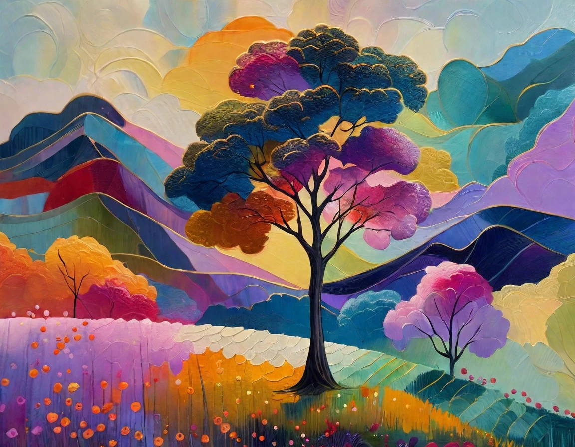 Top quality, high resolution, best composition, impasto oil painting, abstract art, high quality oil painting, palette knife painting, cubist tree painting, colorful and rich in details, vibrant abstract landscape, vibrant scenery, fantasy landscape art, stylized painting brush stroke oil painting, a painting of one large tree symbolically standing in the middle of a field, there are several trees in the background, the tree grows in a vast grassland, detailed landscape, high resolution digital art, high quality desktop wallpaper.