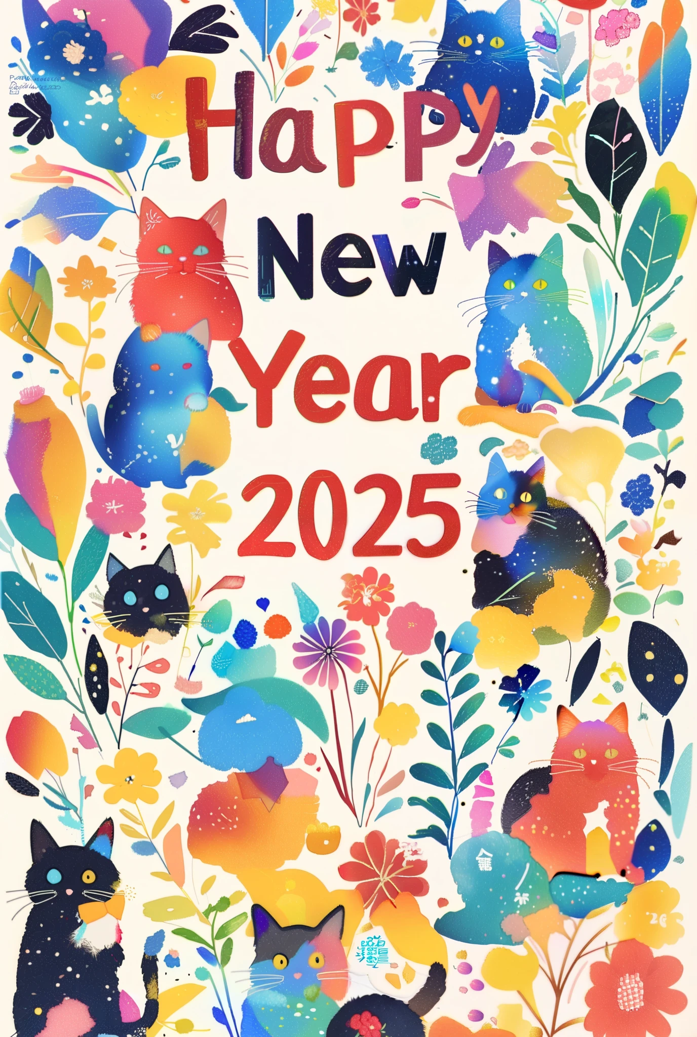 A colorful New Year's card with a cat and a flower on it, 2025, year , 2023, 2 0 2 3,  photo, procreate , , 2022, 2 0 5 6, 2 5 6 x 2 5 6, 256x256