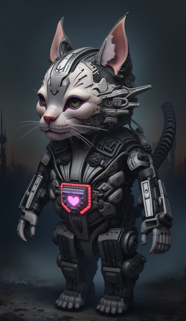 a painting of a kawaii robot cat, biomechanical,  complex robot, hyper realistic, insane fine details, Extremely sharp lines, cyberpunk aesthetic, a masterpiece, featured on zbrush central   