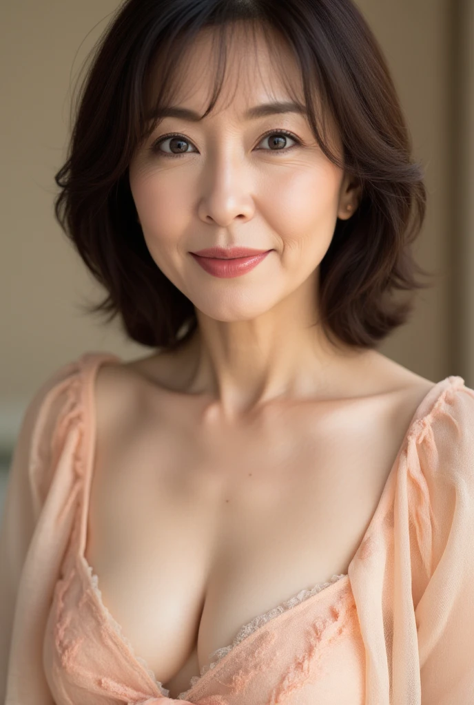 Mature Woman, ( Detailed Description of Hair ), ( face ), (Detailed description of the body), high res, masterpiece,  top quality ,  high detail, formal: 1.4), ( realistic : 1.2, 超 realistic な: 1.1,  realistic: 1.37), ( sharp focus : 1.4),  depth of field ,  Physically Based Rendering ,  wavy hair, ,  Unmatched Beauty , (Ultimate beauty), (lipstick:1.1), ( eyeliner :1.2), ( mascara), ( eyeshadow), (48 years old,: 1.4), Japanese、 close-up、 fine lines of laughter :1.2、seductive smile, Kimono color :  light pastel orange
Kimono design : Delicate peach flower embroidery
Point :  waistline with soft ruffles
background :  image of the soft light of a bright evening
posing:  Front composition showing a beautiful décolletage line 