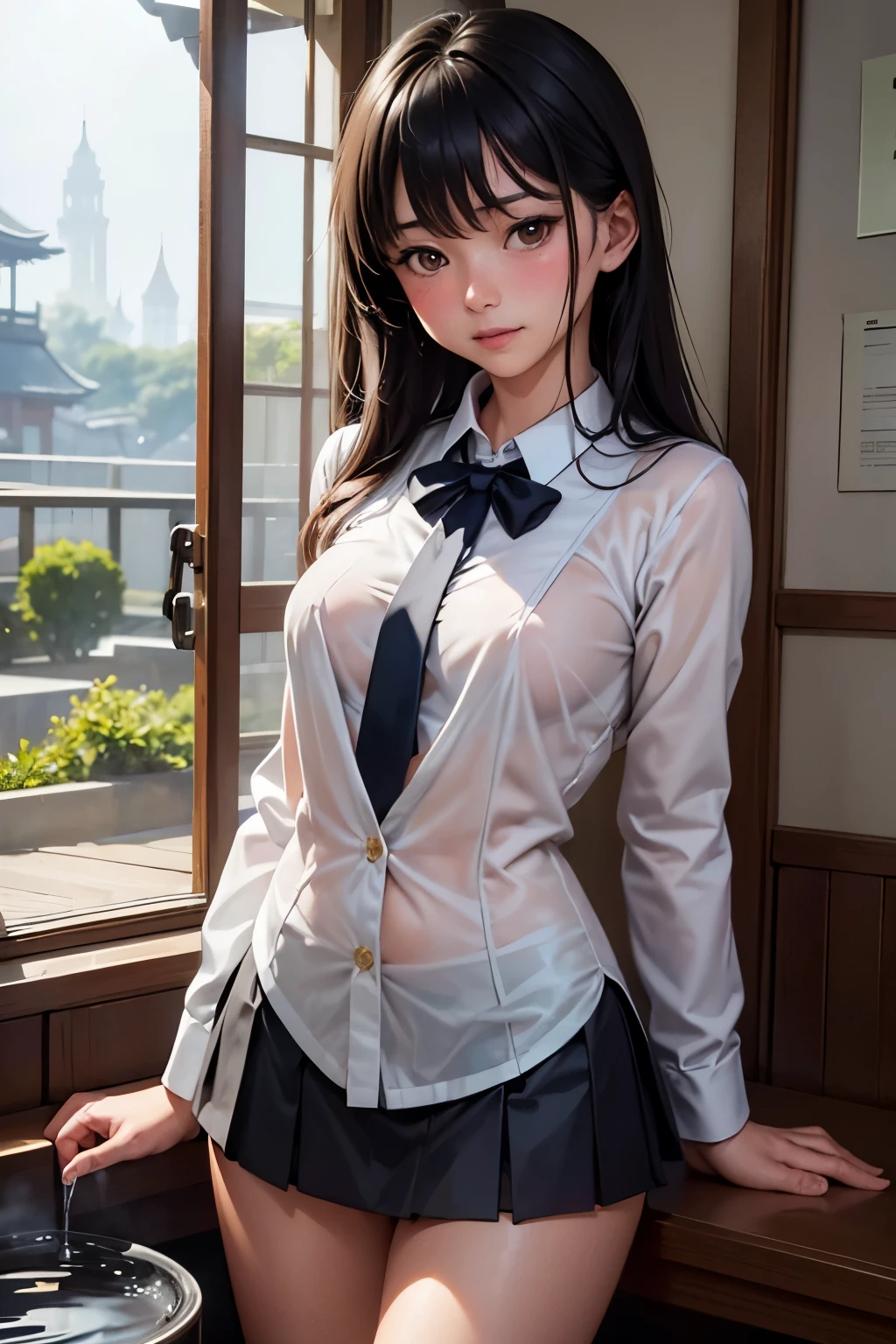 8K, Raw photo, Best Quality, masutepiece: 1.2), (Realistic, Photorealsitic: 1.37), Ultra-detailed, 1 schoolgirl, Beautiful, Solo, Beautiful detailed sky, Detailed Coffee, Night, Sitting, (Flushed nose), (Smile: 1.1), Long black hair　medium breasts, Beautiful detailed eyes, (Collared shirt: 1.1), a bow tie, Pleated skirt, (Short hair: 1.2), Long hair, 　Wet and see-through underwear　超A high resolution　real looking skin　Beautiful expression　wetting hair　A sexy