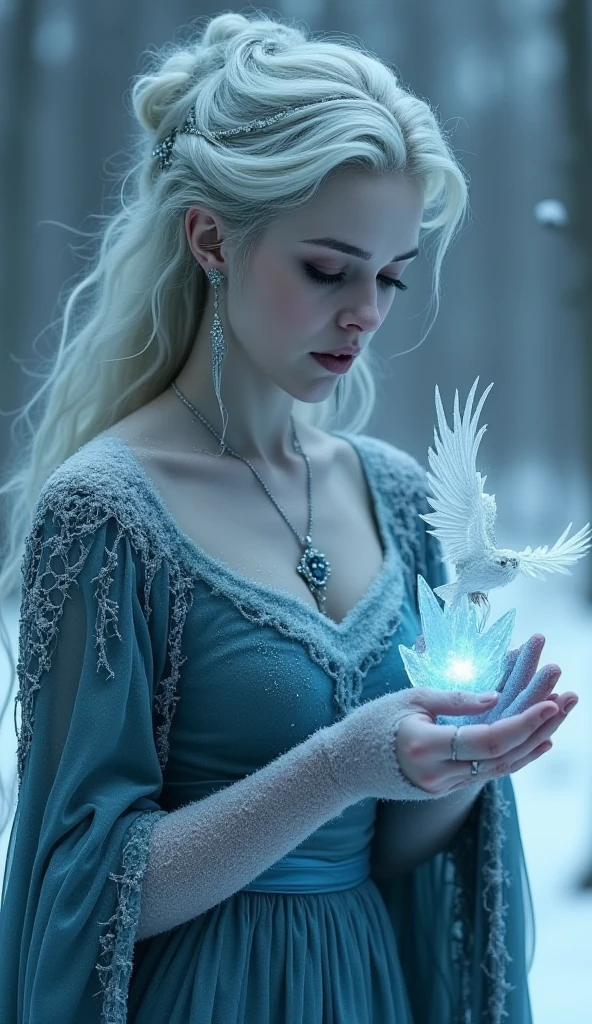  Frozen witch with a bird in hand turning to ice, icy skin, frosty hair, frozen dress, dark fantasy, high quality, cinematic, 32k
perfectly detailed face, perfectly detailed hands, a masterpiece from Cameron Gray