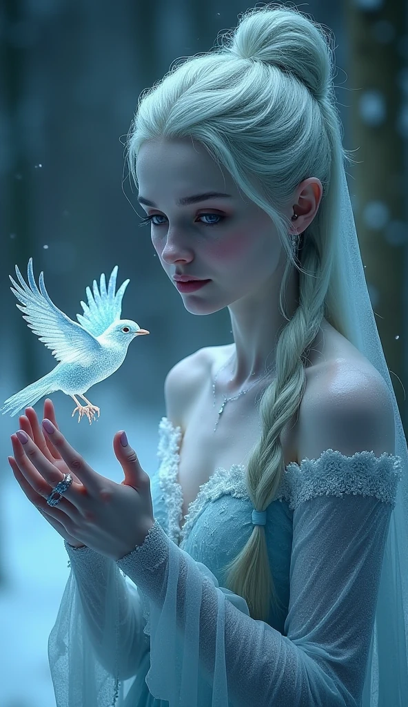  Frozen witch with a bird in hand turning to ice, icy skin, frosty hair, frozen dress, dark fantasy, high quality, cinematic, 32k
perfectly detailed face, perfectly detailed hands, a masterpiece from Cameron Gray