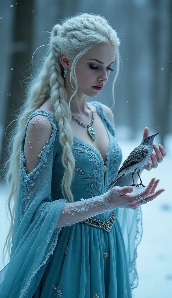  Frozen witch with a bird in hand turning to ice, icy skin, frosty hair, frozen dress, dark fantasy, high quality, cinematic, 32k
perfectly detailed face, perfectly detailed hands, a masterpiece from Cameron Gray