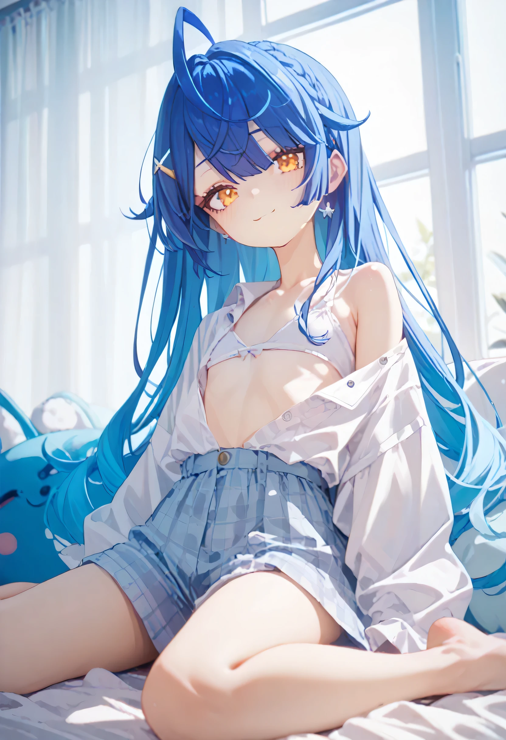 Oversized white shirt, Amamiya Kokoro, nijisanji, wariza, flat chest, skinny body,