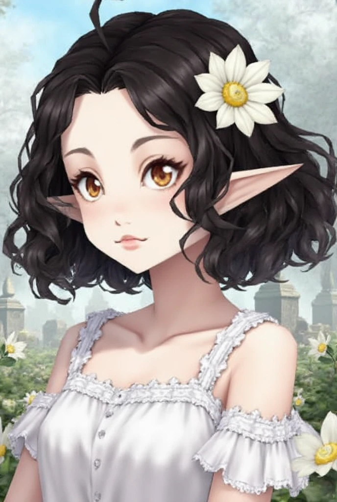 masterpiece, elf girl, young woman, very short hair, very curly hair, black hair, white dress, in a cemetery with some white flowers around, foggy cemetery