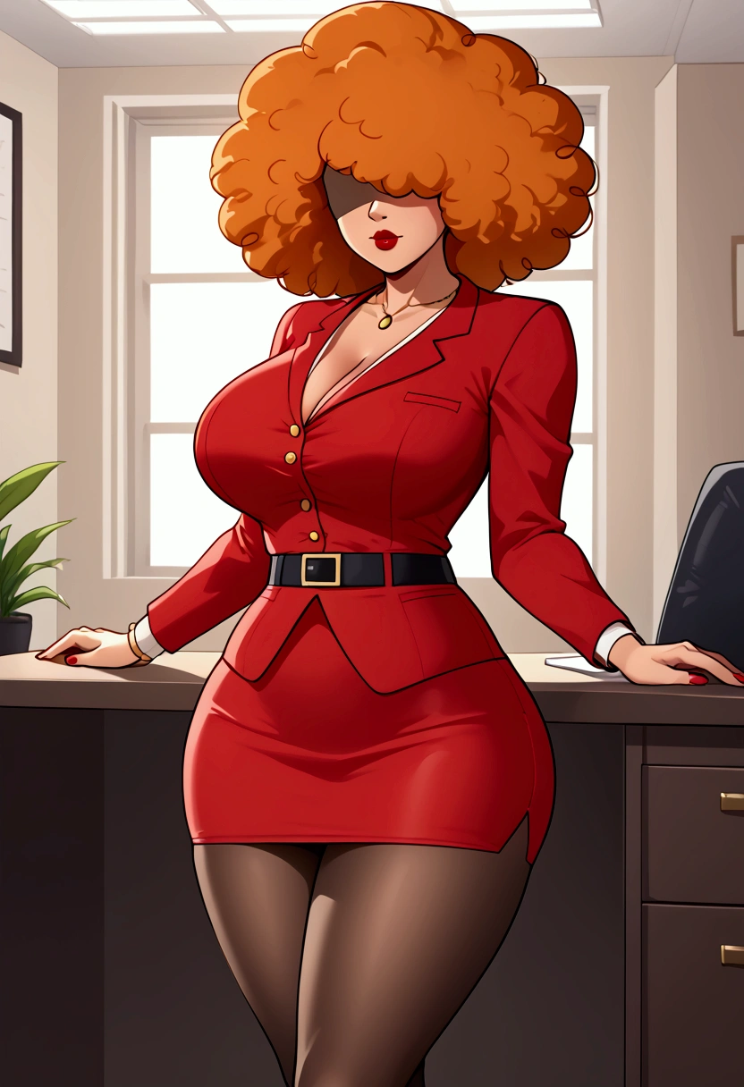 nsfw,sara bellum,Orange Hair,standing at the Office,skirt lift,Showing black panties,red jacket,orange open blouse , red skirt,unbuttoned blouse  , Big Breasts , Hair covering the eyes , big Hair,   red hip-length pantyhose , At the office, her Hair covering the eyes .  Cover your eyes with hair,Orange Hair,Brown Skin,Red suit.wCurvy Body,big ass,Big Breasts,Tall,Red lips,short tight skirt,Adult female、Mayor's Office,indoor