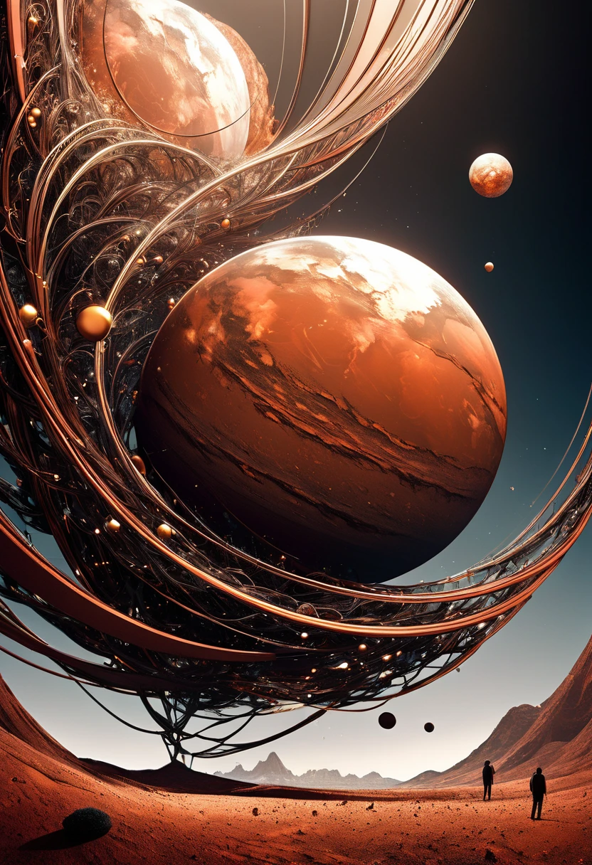  conceptual installation fantasy illustration art, copper-plated mars , Mr.々Effects ,  delicate dynamic texture ,  contrast between light and dark , 2.5D,  artistic photo ,  surreal,  digital graphic CG ,  BREAK super detailed ,   absolute resolution  ,  top quality 