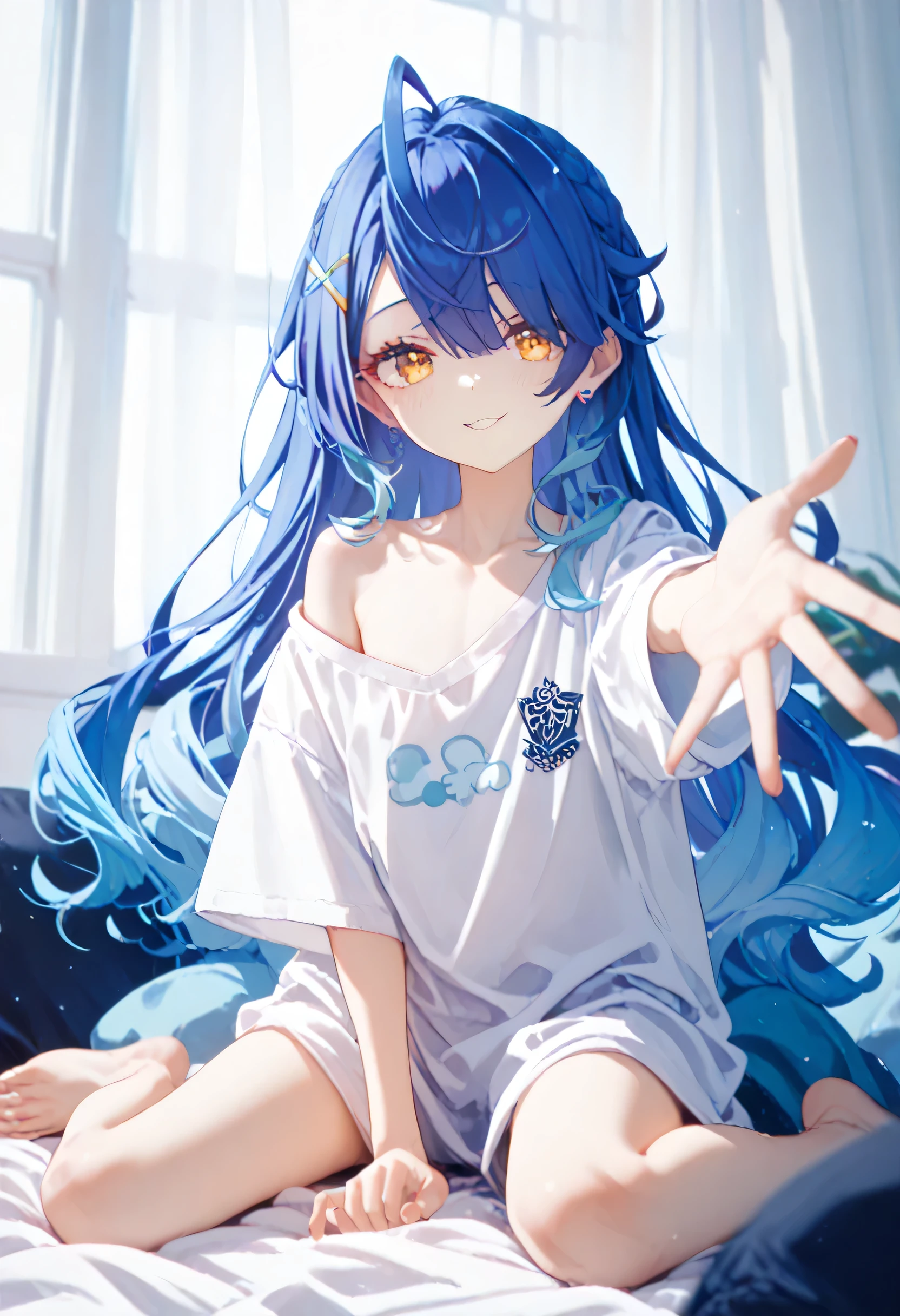 Oversized white shirt, Amamiya Kokoro, nijisanji, wariza, flat chest, skinny body, reaching two hands