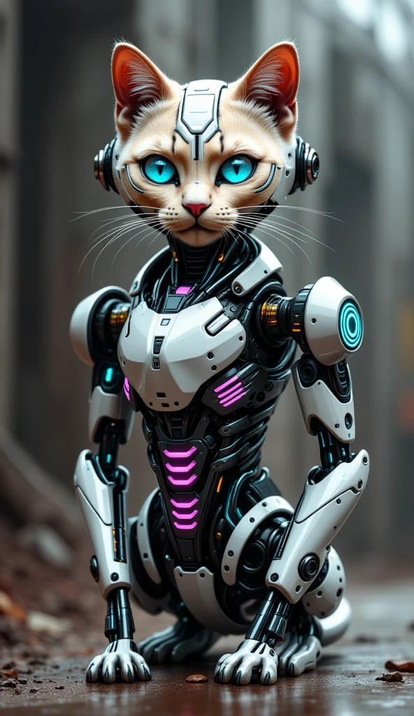 a painting of a kawaii robot cat, biomechanical,  complex robot, hyper realistic, insane fine details, Extremely sharp lines, cyberpunk aesthetic, a masterpiece, featured on zbrush central   