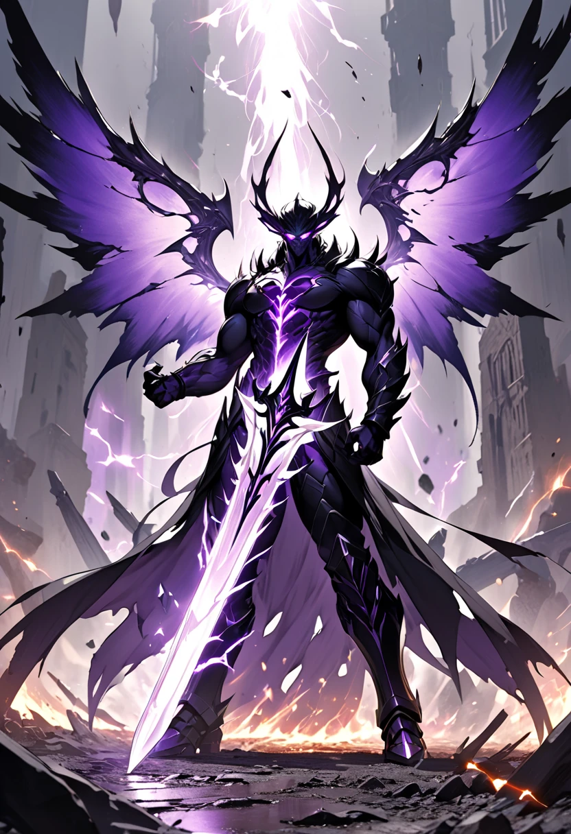 
"A brutal yet regal character inspired by Solo Leveling, radiating an aura of raw savagery and dark majesty. Bellion stands tall with a lean, muscular physique, his presence commanding and fearsome. His crystalline armor is a masterpiece of black obsidian, adorned with jagged, sharp edges and intricate carvings that shimmer faintly under a dim, ominous light. Towering, translucent wings of deep purple stretch wide behind him, their edges razor-sharp and glowing faintly as if infused with pure energy.

He wields an enormous, menacing great sword, its blade covered in dark runes and pulsating with chaotic energy. His claws are elongated and razor-sharp, adding to his predatory demeanor. His glowing, piercing eyes burn with a fierce intensity, reflecting his brutal nature.

The setting is a desolate battlefield, littered with broken weapons and scorched ground. Shadows twist unnaturally around him, and purple energy crackles in the air, creating an atmosphere of overwhelming power and terror. Purple flames flicker around his wings, casting eerie, shifting light across his form, accentuating every brutal detail of his armor and weaponry."

