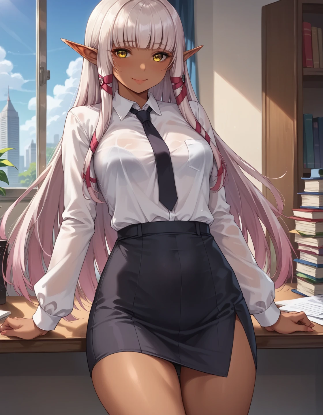 score_9, score_8_up, score_8, 1 girl, solo, elf, evelyn celebrian, dark skin, yellow eyes, child，loli,  looking at viewer, long straight hair, bangs,  horny smile, office clothes, SFW