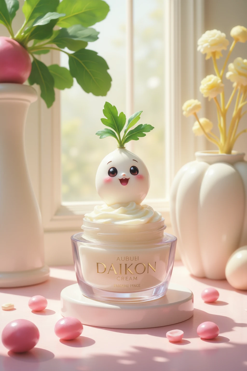 A realistic advertisement for a skincare cream product featuring a cute illustration of a DAIKON. The cream is displayed in an elegant jar, with soft lighting highlighting its texture. The background is a serene and inviting environment, with pastel colors that evoke a sense of calm and freshness. Include elements that suggest natural ingredients and a gentle skincare routine, with the radish character adding a playful touch