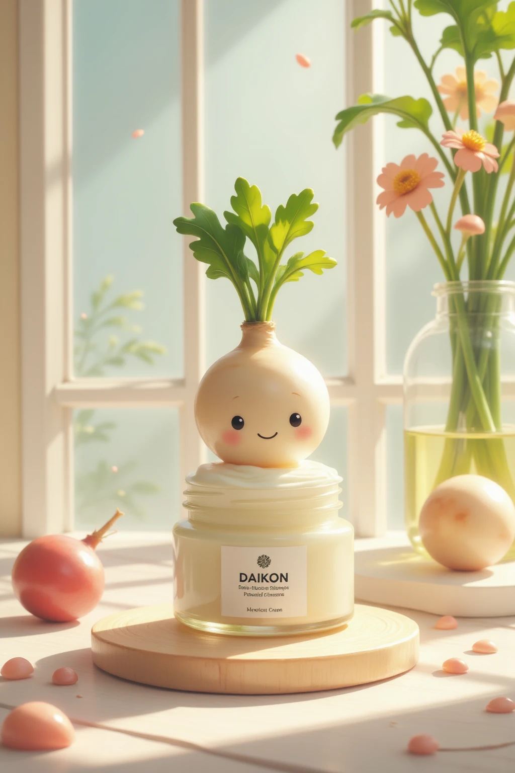 A realistic advertisement for a skin care cream with daikon's cute illustration on the label. The cream is placed in an elegant bottle, and the soft lighting accentuates its texture. The pastel colors of the background express calm and freshness, while daikon's cute character adds a playful touch.