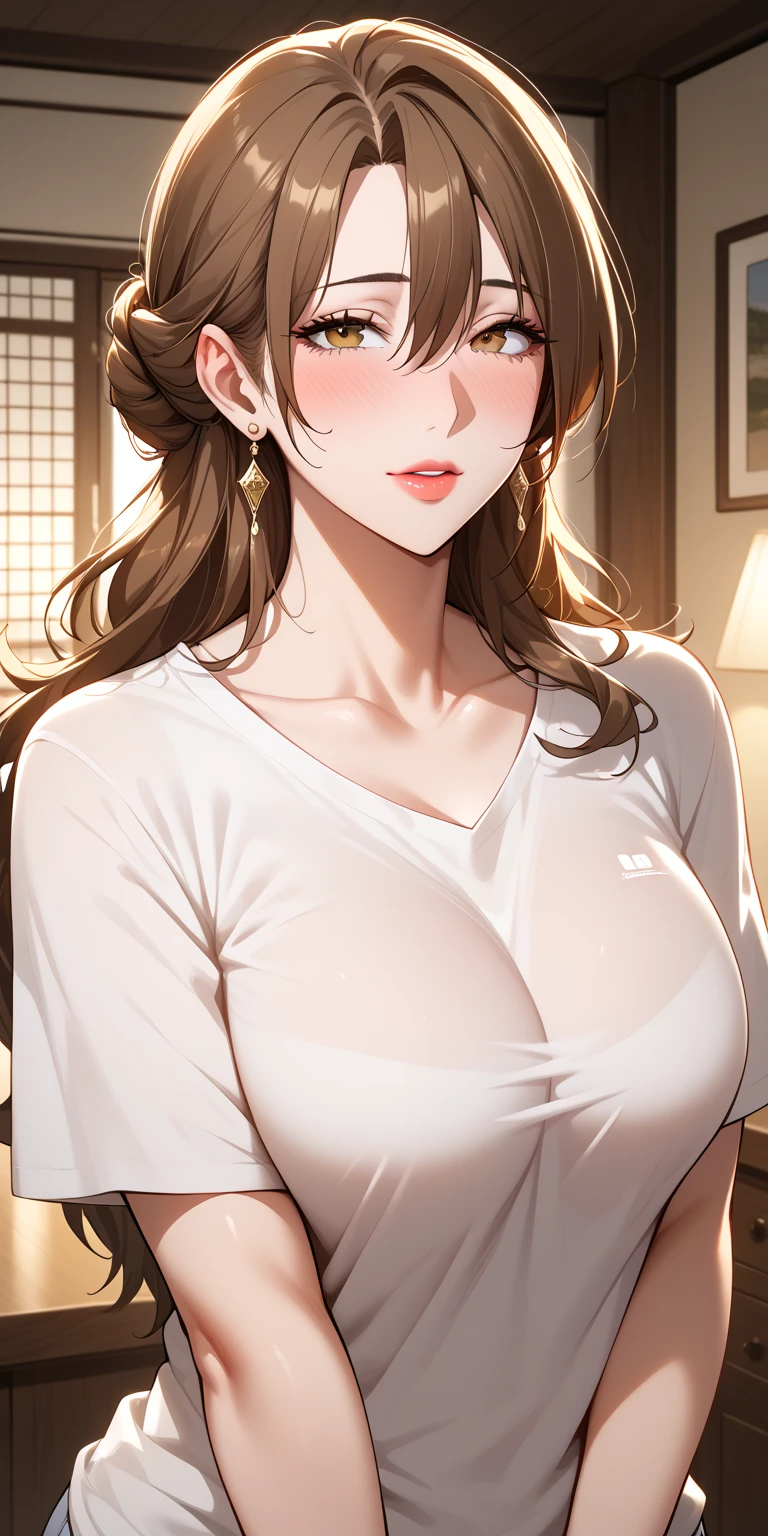 Fraction_9, Fraction_8_up, Fraction_7_up, source_ Japanese Cartoons ,  Japanese Cartoons  art,  Japanese Cartoons  style,  is very beautiful , masterpiece,  high quality , 1 Girl,  诱人的成Mature Woman人, Mature Woman, Curvy Beauty, t-shirt, long sleeve shirt ,   Brown hair ,  long hair,  Hair Between Eyes , Home, Soft Light, Rift,  blush, Dwarf