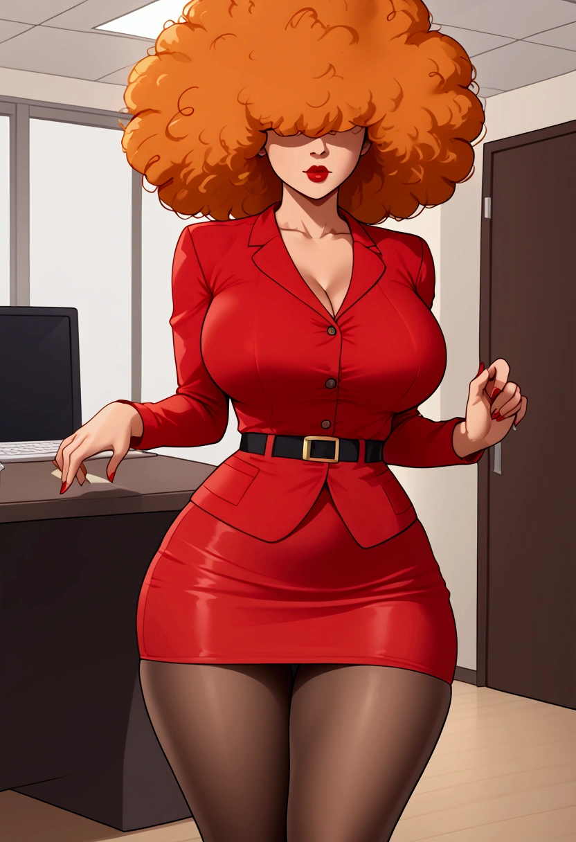 nsfw,sara bellum,Orange Hair,standing at the Office,skirt lift,Show panties,red jacket,orange open blouse , red skirt,unbuttoned blouse  , Big Breasts , Hair covering the eyes , big Hair,   red hip-length pantyhose , At the office, her Hair covering the eyes .  Cover your eyes with hair,Orange Hair,Brown Skin,Red suit.wCurvy Body,big ass,Big Breasts,Tall,Red lips,short tight skirt,Adult female,Office,indoor