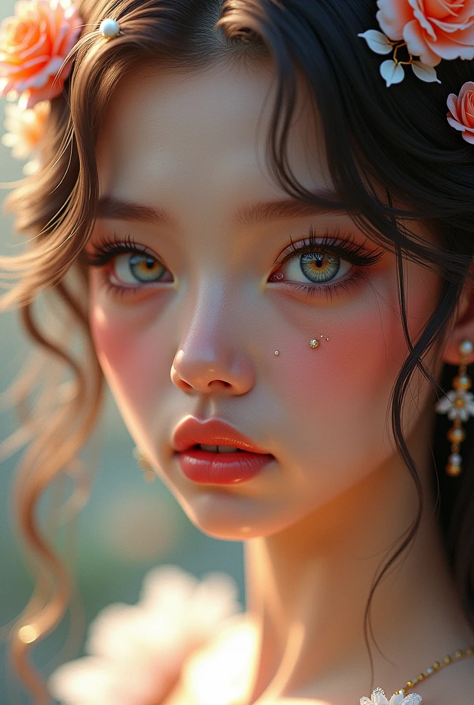 face of a beautiful woman with light eyes. with beautiful flowers on her face and very bright light