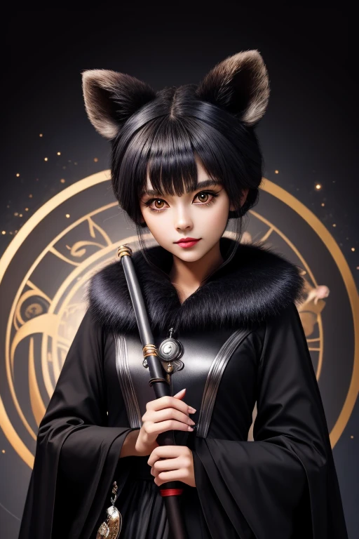 Black raccoon ears 　 black and gray chignon hair 　 round eyes 　 dark eyes　 dark blue hunting suit with golden and silver raccoon footprints　 magic circle around 　 red magic wand in hand 