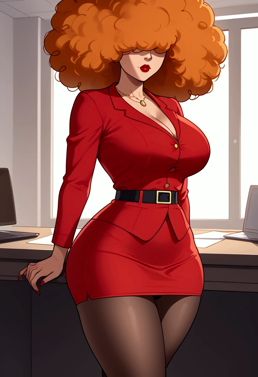 nsfw,sara bellum,Orange Hair,standing at the Office,skirt lift,Showing black panties,red jacket,orange open blouse , red skirt,unbuttoned blouse  , Big Breasts , Hair covering the eyes , big Hair,   red hip-length pantyhose , At the office, her Hair covering the eyes .  Cover your eyes with hair,Orange Hair,Brown Skin,Red suit.wCurvy Body,big ass,Big Breasts,Tall,Red lips,short tight skirt,Adult female、Mayor's Office,indoor