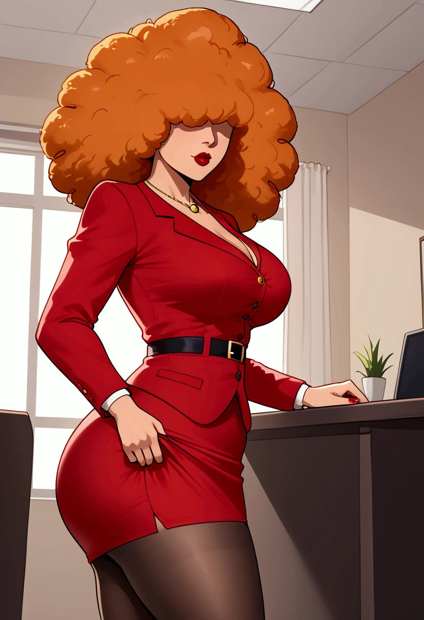 nsfw,sara bellum,Orange Hair,standing at the Office,skirt lift,Showing black panties,red jacket,orange open blouse , red skirt,unbuttoned blouse  , Big Breasts , Hair covering the eyes , big Hair,   red hip-length pantyhose , At the office, her Hair covering the eyes .  Cover your eyes with hair,Orange Hair,Brown Skin,Red suit.wCurvy Body,big ass,Big Breasts,Tall,Red lips,short tight skirt,Adult female、Mayor's Office,indoor