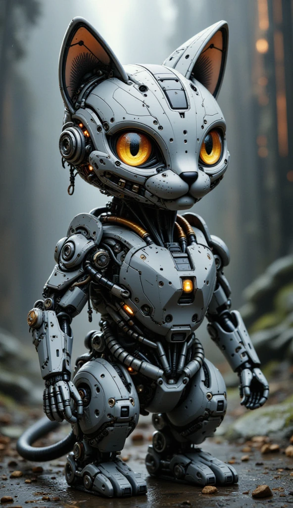 a painting of a kawaii robot cat, biomechanical,  complex robot, hyper realistic, insane fine details, Extremely sharp lines, cyberpunk aesthetic, a masterpiece, featured on zbrush central   