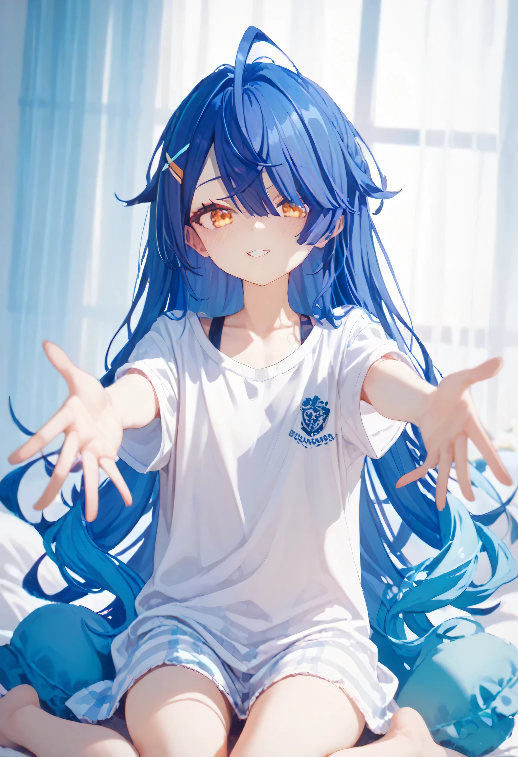""Oversized white shirt"", Amamiya Kokoro, nijisanji, wariza, flat chest, skinny body, reaching two hands