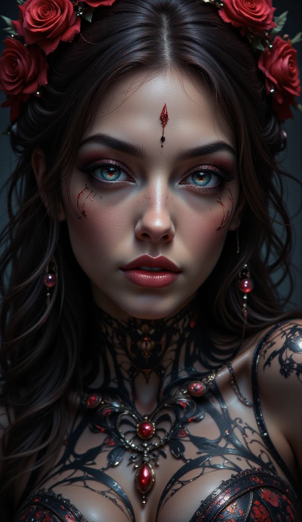 Close-up of a woman, Fantasy Horror Art, Horror Art in the Fantasy genre, Dark Fantasy Horror Art, Portrait of a Necromancer Woman, Dark Fantasy Art, Dark Fantasy Art, Queen of the Dead, Elegant Horror Work, Goddess of Death, Beautiful Necromancer, Day of the Dead, Day of the Dead