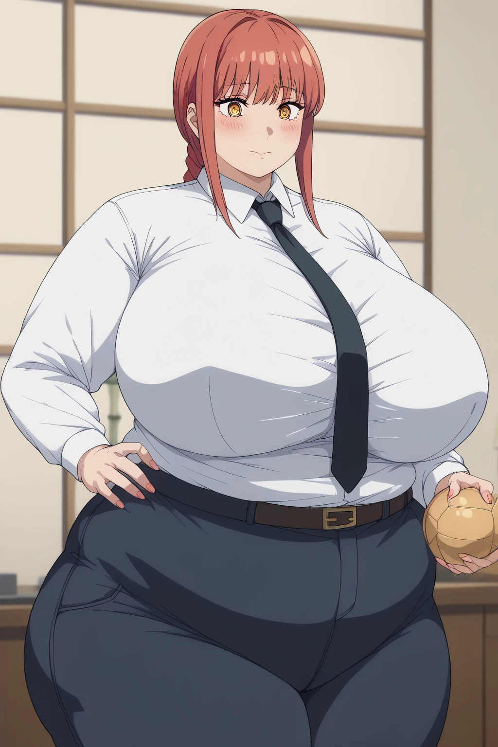 Makima, makima,  long hair、bangs、 shirt、 Long Sleeve , yellow eyes, white  shirt、 braided 、 thighs、Red Hair、 ties, collared  shirt、 black pants 、 window、black  ties, embarrassed expression, troubled expression,  giant areolas, futanari , Woman with a penis, gold ball,The shape of the penis is written on the pants, score_9, score_8_ up、 score_7_ up、 score_6_ up、 score_5_ up、 score_4_ up、 Masterpiece 、 top quality 、 very aesthetic、 absurd, source ,  anime screencap, one woman、Alone、 personal , Super huge breasts, ((( super huge clevis、Super huge, Super huge boob))), Curvy、 chubby、Mature Woman,  obese 、