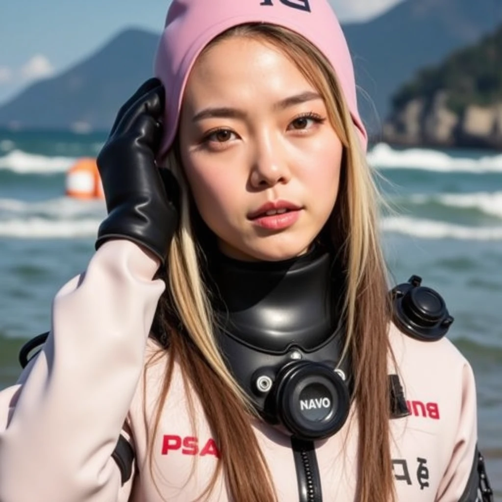 A documentary photo, Photo-realistic, ultra-realistic, (Japanese beautiful young woman, famous Japanese idol, boyish cool face:1.3), wetlook rubberish white clothes,, she is a military diver of Japan navy, experienced military diver, wearing a professional wetsuits for military diver with professional scuba equipment, She is on a shlre, She is preparing to scuba dive for a lifesaving mission, there is a large battle ship behind her,, Natural Makeup, boyish face ,Front View:1.21, Perfect Anatomy:1.21, Small head:1.21, Slender body:1.37, Narrow waist:1.5, Thin limbs:1.5, Flat Chest:1.5, Anatomically correct limbs, Diving Suits drysuits (high smooth turtleneck collar), Fully equipped for diving, Very cute Japanese woman, Brown Hair, Chignon Hair, woman holds oval scuba mask, Calm sea in qinter, Dynamic and emotional movie lighting, 