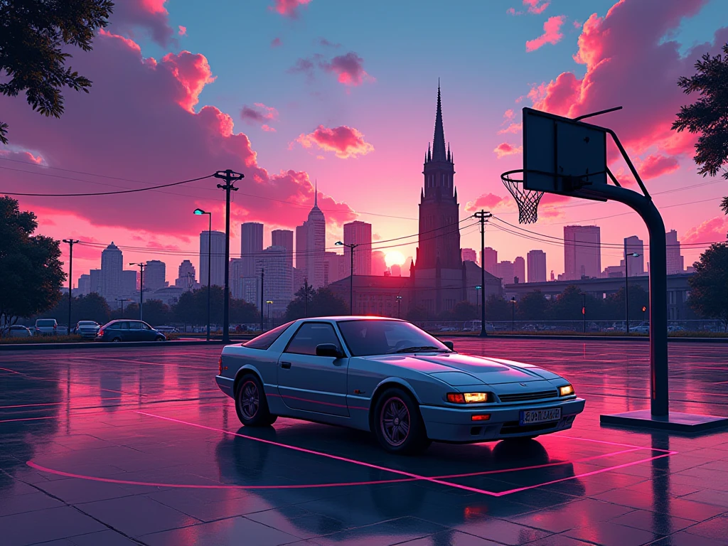 Illustration of Cologne city featuring the iconic Dom, styled in vibrant Vice City aesthetics, foreground showcasing a bustling basketball court, RX7 and Mercedes Benz S500 Coupe elegantly positioned in the background, neon lights, sunset skyline, retro-futuristic vibe, digital painting, ultra fine, cinematic.