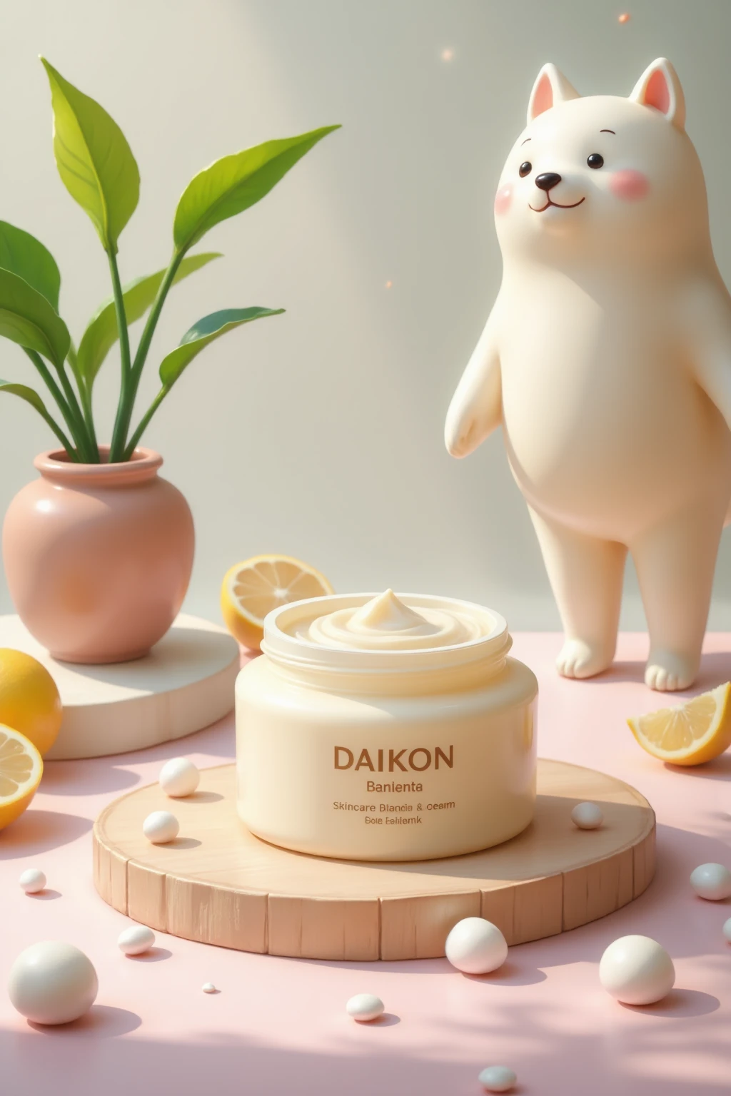 A realistic advertisement for a skin care cream with daikon's cute illustration on the label. The cream is placed in an elegant bottle, and the soft lighting accentuates its texture. The pastel colors of the background express calm and freshness, while daikon's cute character adds a playful touch.