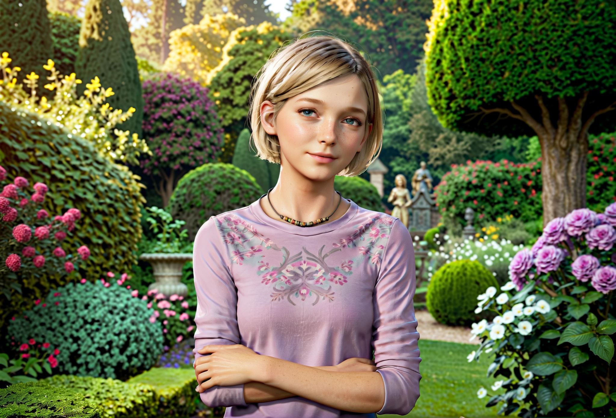 award winning photo shot of Sarah Miller  in a majestic garden, , cute, blonde hairs, short hairs,
awesome photo shot, best quality,
