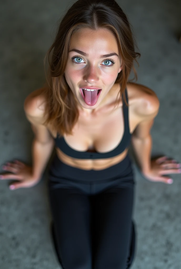 shot from above, pov, bare , brunette , brazilian 22 years old bossy girl , mouth slightly open, slightly sticking out tounge ,joyful, , desperetly begging, shave head, skin unperfections, low contrast, muted colors, Fuji Superia, photographed by Matias Altbach, moviemaker style