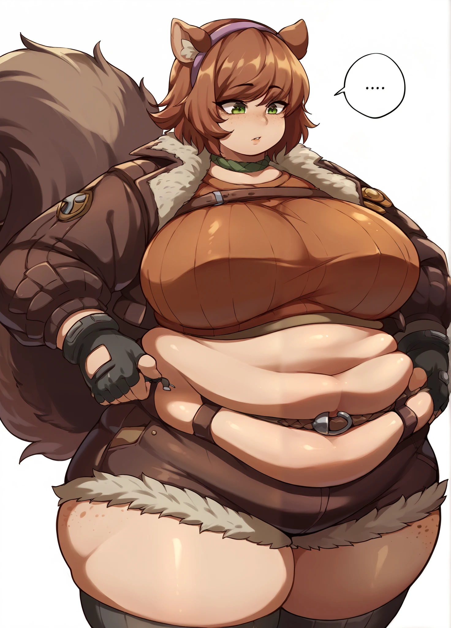 1girl, solo, cowboy shot, white background, crop top, open jacket, fingerless gloves, shorts, belt, thighhighs, short hair, hairband, squirrel tail, freckles, mrsqrgrl, plump, fat, chubby, huge breasts score_8_up, score_7_up, score_6_up, score_5_up, score_4_up,