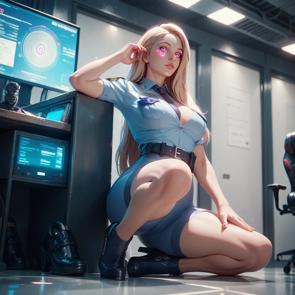 Sexy police woman,futurisic suit ,long hair, ,big boobs, futuristic police department, seating in her office, hypnosis screen ,straight empty vacant hypnotized stare, solo, full body shot, 