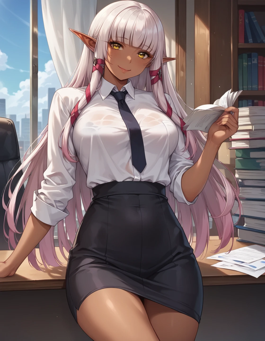 score_9, score_8_up, score_8, 1 girl, solo, elf, evelyn celebrian, dark skin, yellow eyes, *****，**li,  looking at viewer, long straight hair, bangs,  horny smile, office clothes, SFW