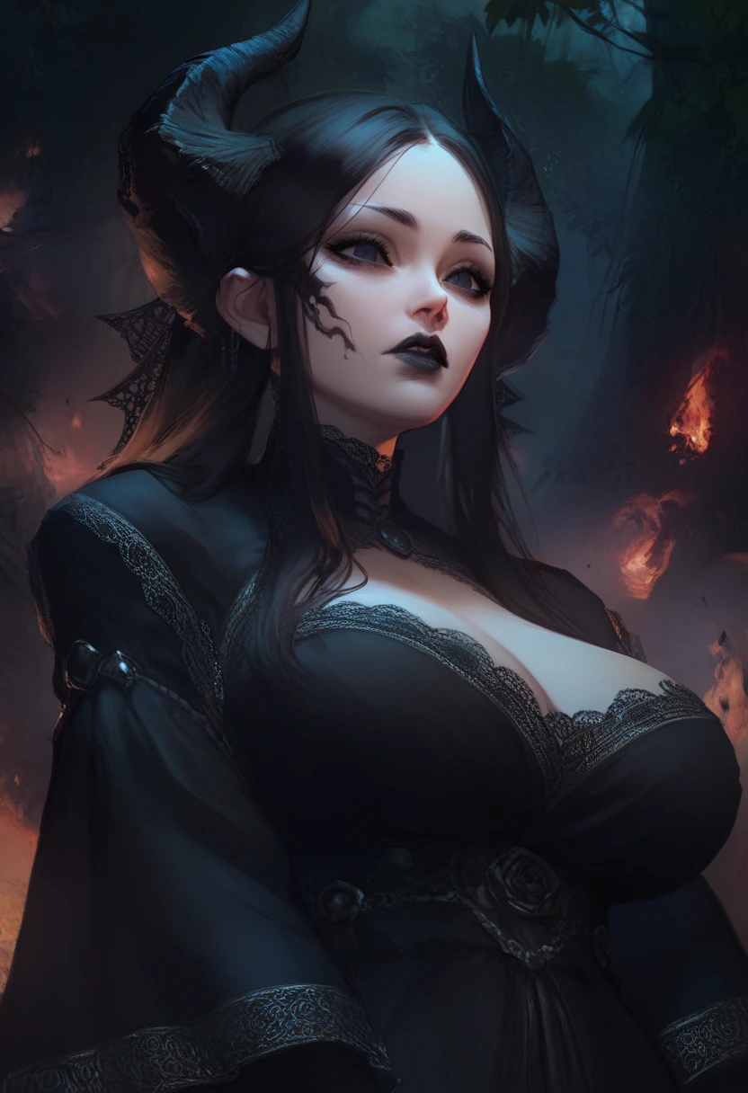 ((best quality, 4k, masterpiece, art)), long black silky hair, straight hair, black dragon horns, black dress lace, huge breasts, expressionless, black eyes, black lipstick, bangs, evil face, in dark forest, mysterious pose