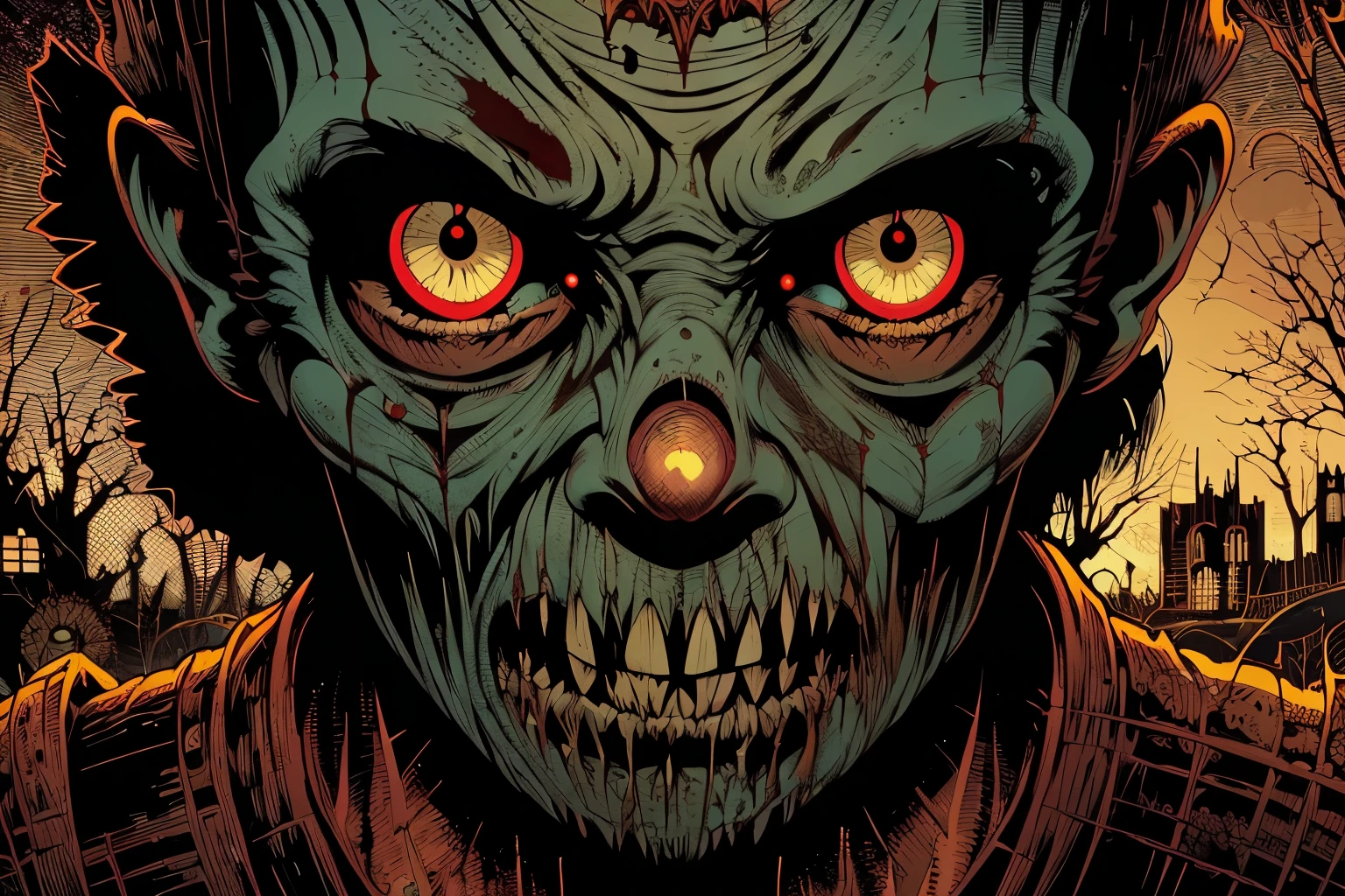 a close up of a zombie face with glowing eyes, vector art by Clark Voorhees, deviantart contest winner, gothic art, scary detailed art in color, macabre art, detailed 4k horror artwork, silent decay coloring, evil zombie, horror art, ( ( ( ( ( dan mumford ) ) ) ) ), macabre poster art, dan mumford and alex grey style