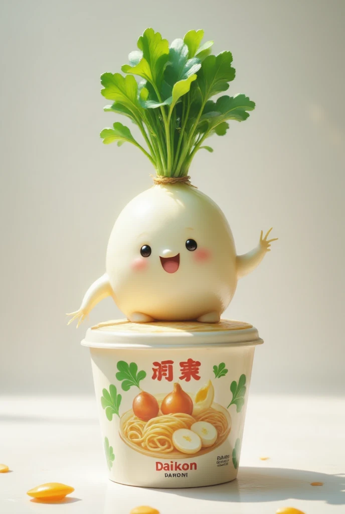 A vibrant advertisement for a cup ramen product, featuring a cute illustration of a daikon radish on the packaging. The flavor is daikon, depicted realistically with a bright and inviting color palette, emphasizing the unique taste and freshness of the daikon. The background should be clean and minimalistic, drawing focus to the product itself.