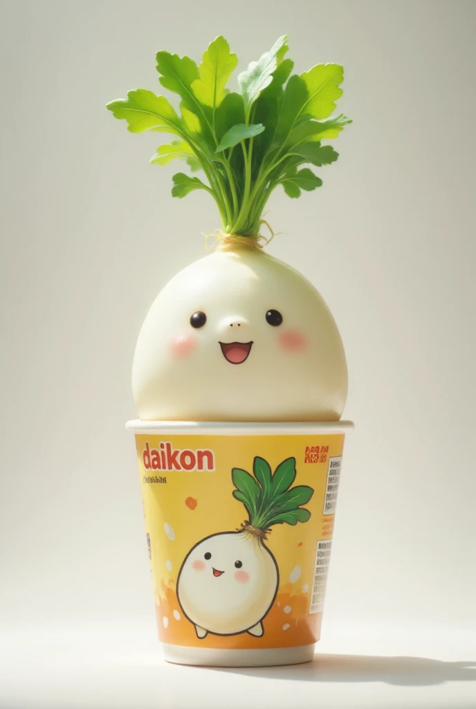 A vibrant advertisement for a cup ramen product, featuring a cute illustration of a daikon radish on the packaging. The flavor is daikon, depicted realistically with a bright and inviting color palette, emphasizing the unique taste and freshness of the daikon. The background should be clean and minimalistic, drawing focus to the product itself.