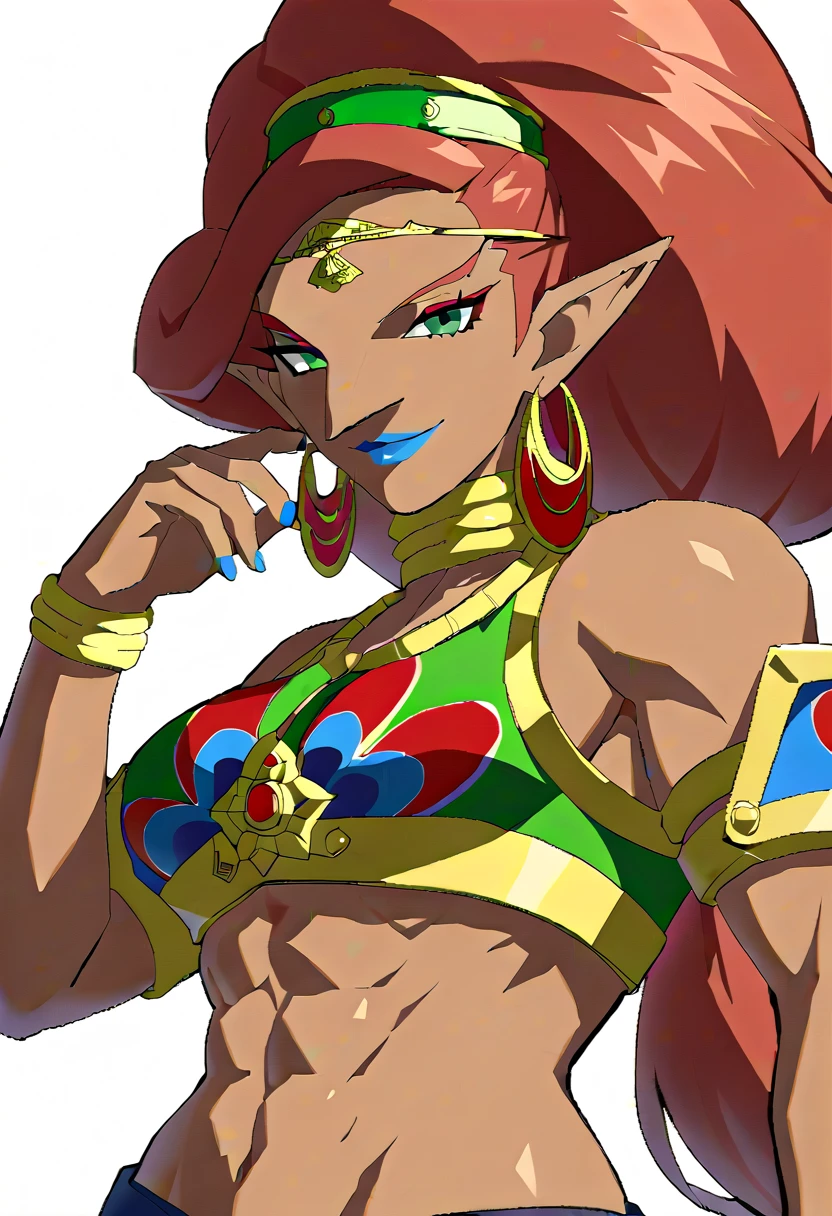 outdoors, sky, clouds, 1girl, solo, (prettyeyes), looking at viewer, cowboy shot, <lora:GoodHands-vanilla:1>, <lora:Din_Zelda:0.8> Din_Zelda, (dark skin:1.1), red unitard, red hair, high ponytail, long ponytail, [muscular female, abs], covered navel, large breasts, medium breasts, <lora:ocarinaOfTimeStyleLow_oot254:0.7>
