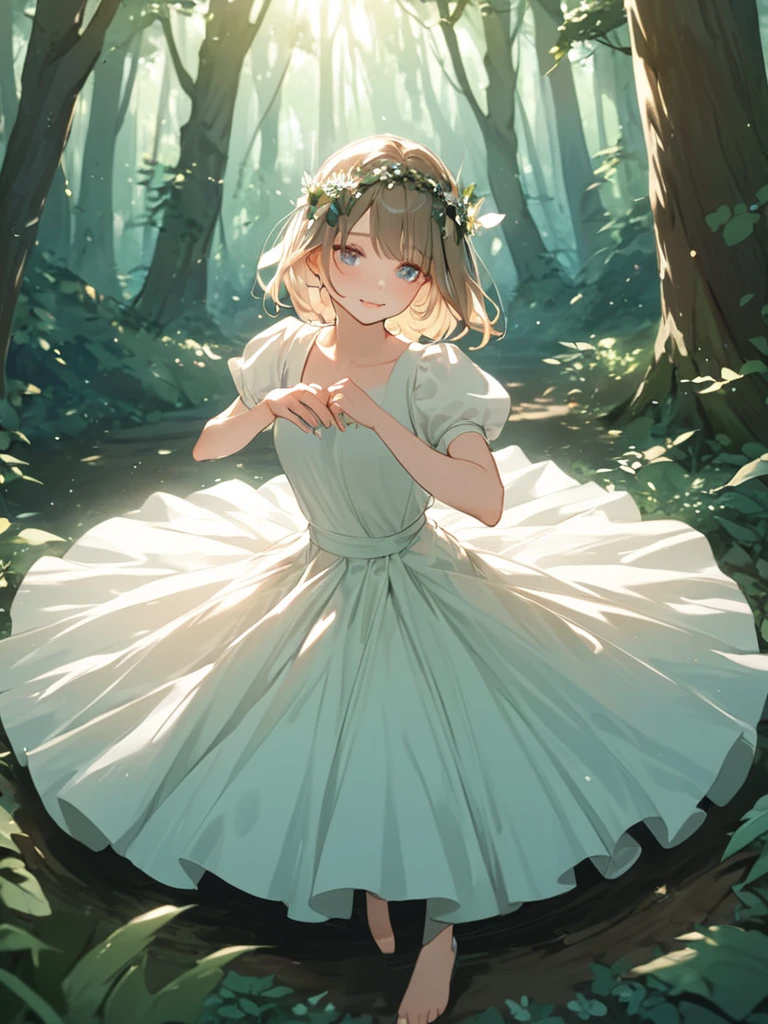 It's beautiful　eyes々Kurikuri girl　 sitting with your knees bent 　 dancing gracefully in the center of the forest 