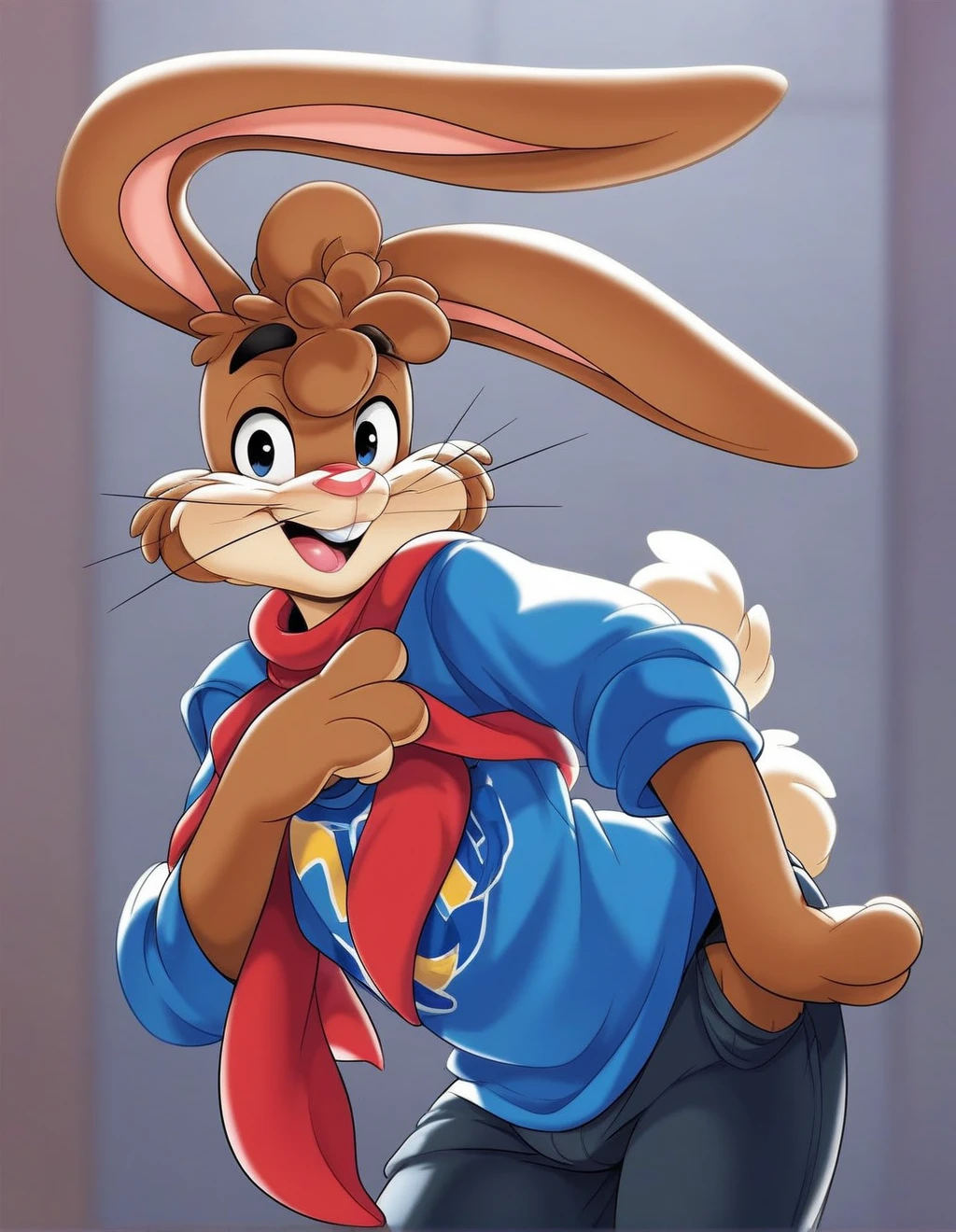 zPDXL3,quicky,4 fingers,brown fur, black pants, red neck scarf, blue striped shirt, French style, standing, young adult, cute version of quicky, cute rabbit hair, furry, rabbit, male, gay, femboy, slim,solo,looking_at_viewer,