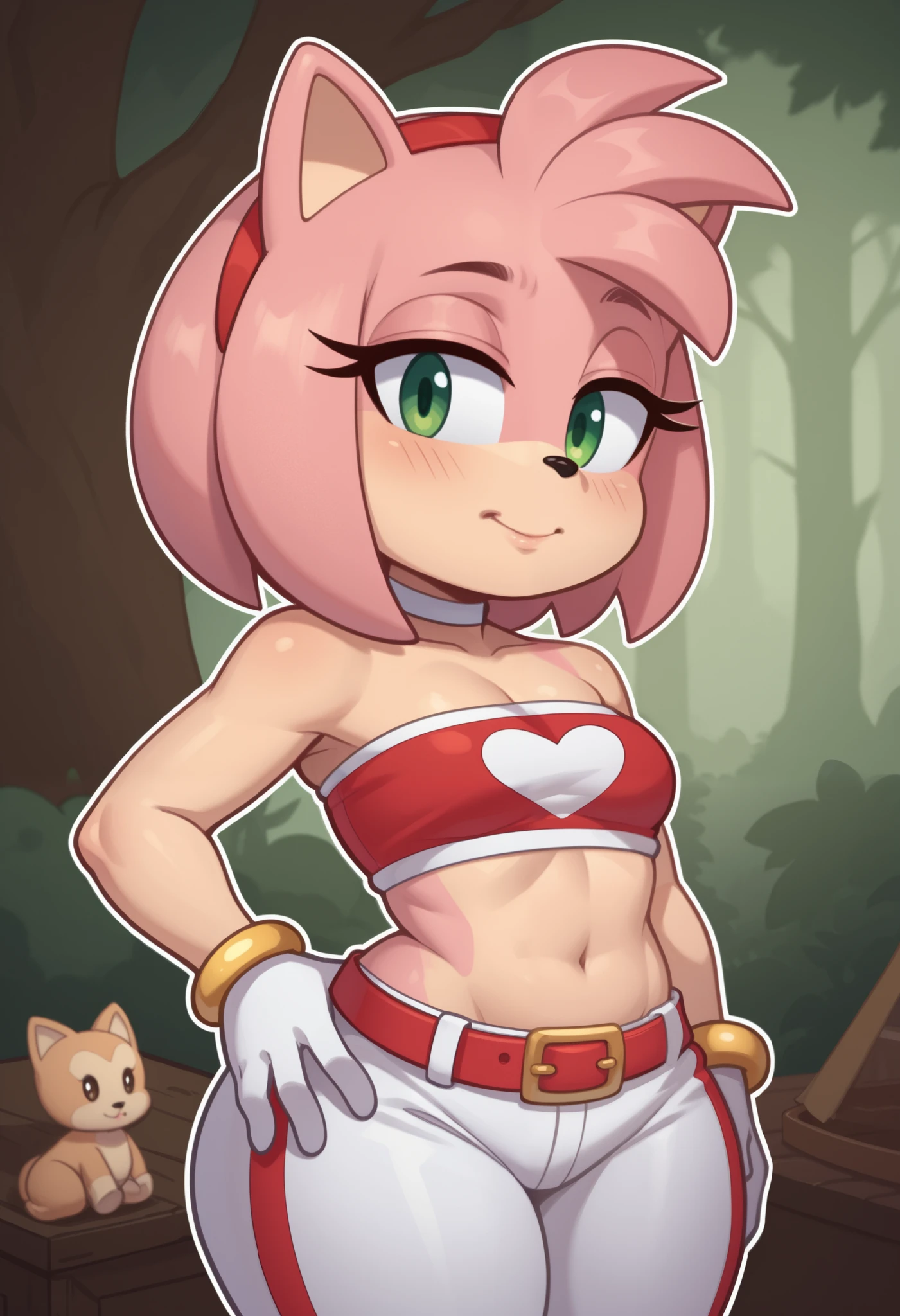 score_9, score_8_up, score_7_up, rating_explicit, source_cartoon, white outline, bold outline, simple background, evnstnly, 1 girl, furry female, amy rose, two-tone skin, cute, (shortstack:1.3), white gloves, gold bracelet, tube top, small breasts, huge hips, plump, chibi, hand on hip, motion lines, half closed eyes, head tilt, from side.| choker. gloves, navel,midriff, belt, pants, crop top, turtleneck, room, room background, cowboy shot. forest. tent
