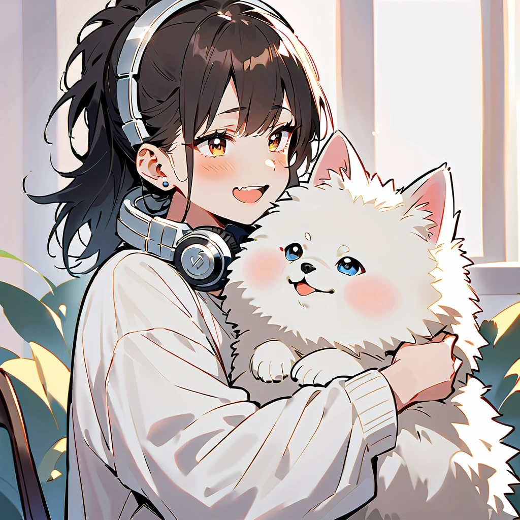 "A young woman with bright dark hair, bright skin, and the soft expression , wearing an oversized white sweater .  He wears silver headphones around his neck and has earrings in his left ear .  The man hugs an adorable-looking white fluffy Pomeranian dog.  The background is plain white ,  gives full focus to the character of the man and his dog , mullet,"