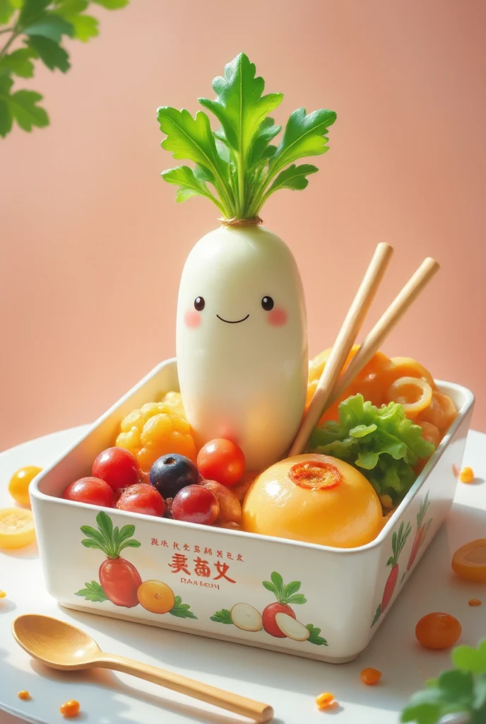 A vibrant and appealing advertisement for a bento product featuring a cute illustration of a daikon radish on the packaging. The bento box should look realistic, with a variety of delicious food items highlighting the daikon flavor, bright colors, and an inviting layout that showcases the product's freshness.