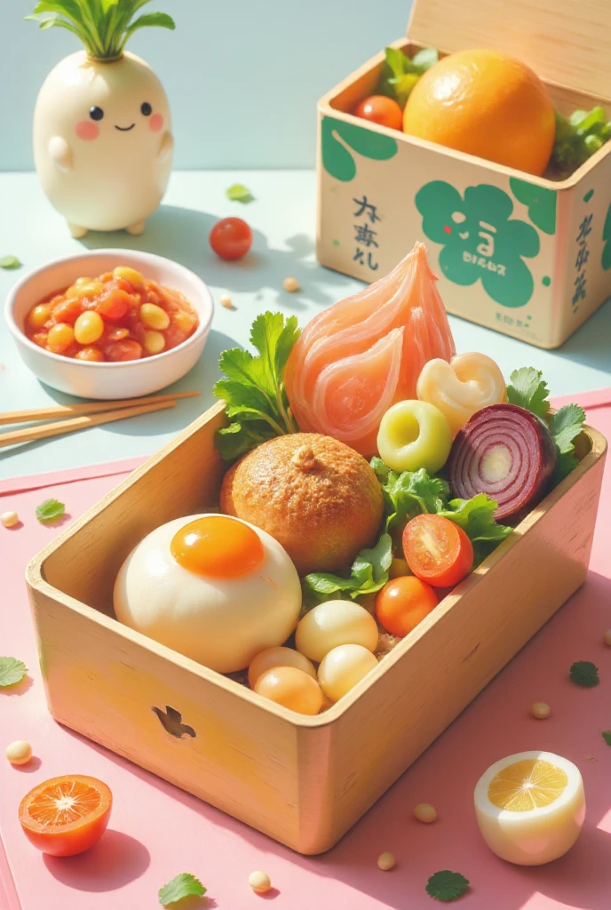 A vibrant and appealing advertisement for a bento product featuring a cute illustration of a daikon radish on the packaging. The bento box should look realistic, with a variety of delicious food items highlighting the daikon flavor, bright colors, and an inviting layout that showcases the product's freshness.